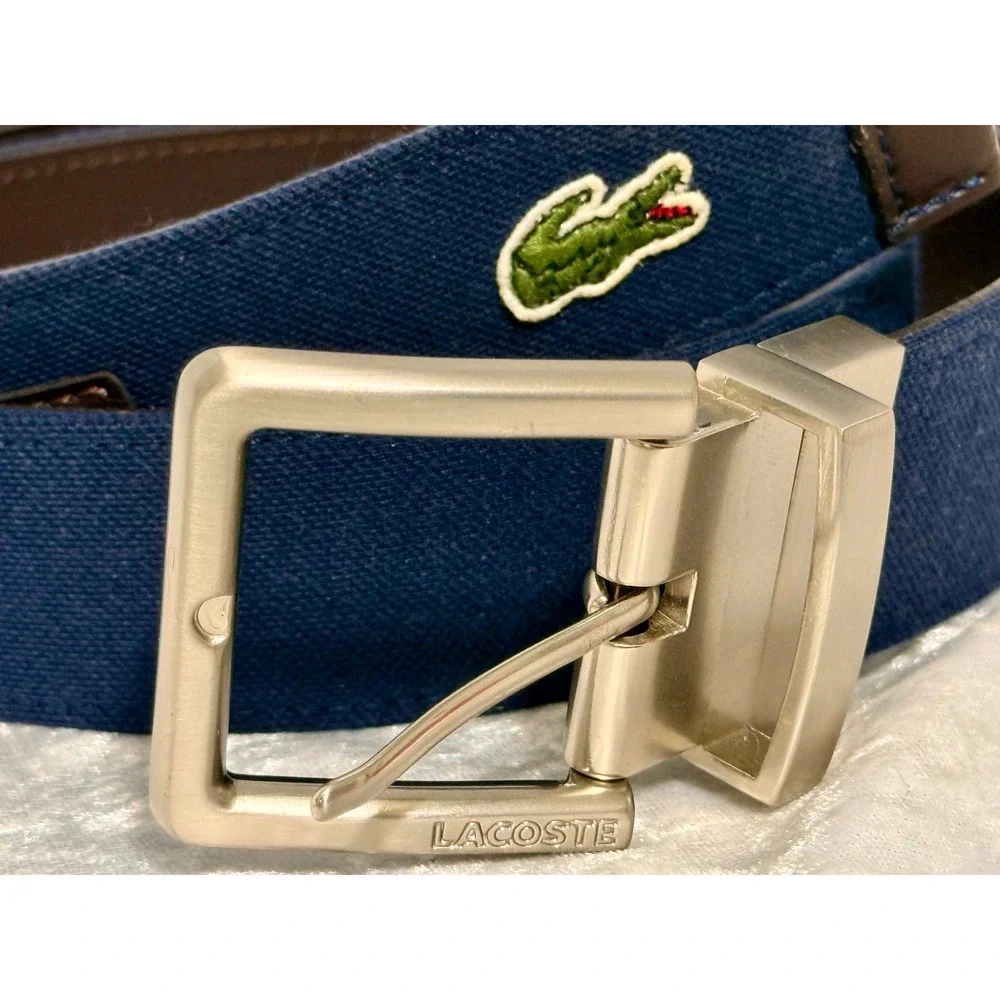 Lacoste Mens Reversible Belt Navy  Canvas Brown Leather Silver Buckle Logo Sz 32